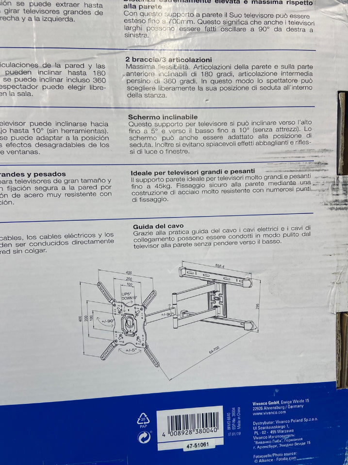 VIVANCO TV-Wandhalterung bis 65" und 45kg