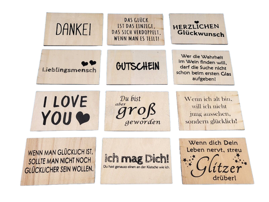 Postkarten aus Holz mit verschiedenen Sprüchen 14 x 8,8 cm (0,50€/Stück)